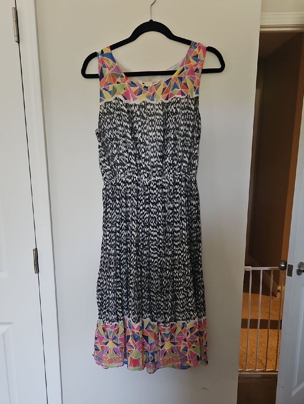 Yumi Black Midi Dress with Multicolor Geometric Trim